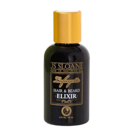 JS Sloane Hair & Beard Elixir - Vorderansicht schwarze Flasche mit goldenem Deckel
