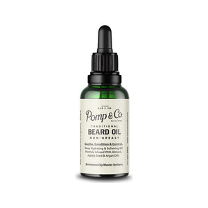 Pomp & Co. Beard Oil - Vorderansicht grünes Glasfläschchen mit Pipette und Etikett
