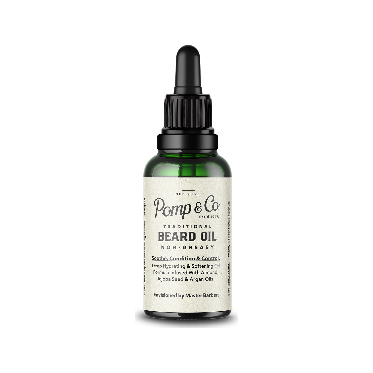 Pomp & Co. Beard Oil - Vorderansicht grünes Glasfläschchen mit Pipette und Etikett