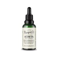 Pomp & Co. Beard Oil - Vorderansicht grünes Glasfläschchen mit Pipette und Etikett