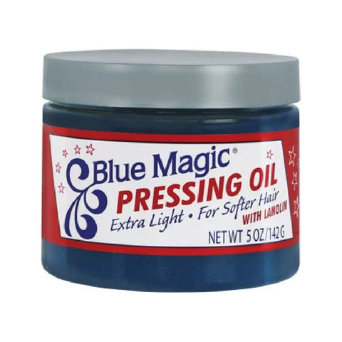 Blue Magic Pressing Oil Extra Light - dunkelblaue Dose mit rot-weißem Etikett