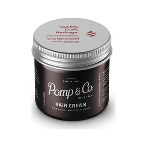 Pomp & Co. Hair Cream - brauner Tiegel mit Deckel oben und Text Quality Craft Heritage
