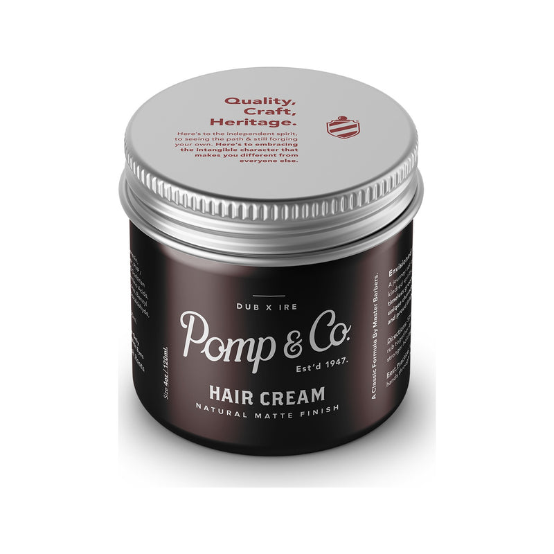 Pomp & Co. Hair Cream - brauner Tiegel mit Deckel oben und Text Quality Craft Heritage