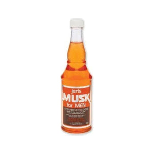 Jeris Hair Tonic, Vorderansicht einer orangen Flasche Musk for Men auf weißem Hintergrund