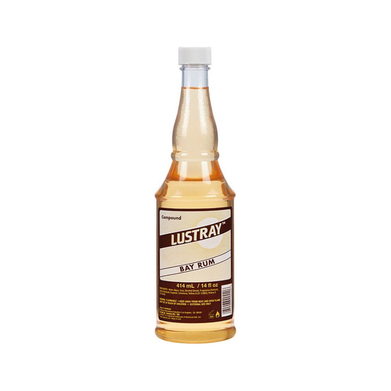Lustray Aftershave - vooraanzicht amberkleurige fles Bay Rum op witte achtergrond