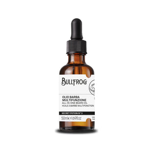 Bullfrog Secret Potion No. 3 Beard Oil - vooraanzicht bruin glazen flesje met pipetdop en etiket