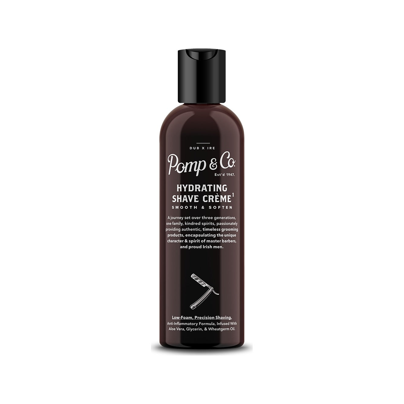 Pomp & Co. Shave Creme, Vorderansicht schwarze Flasche mit Klappdeckel