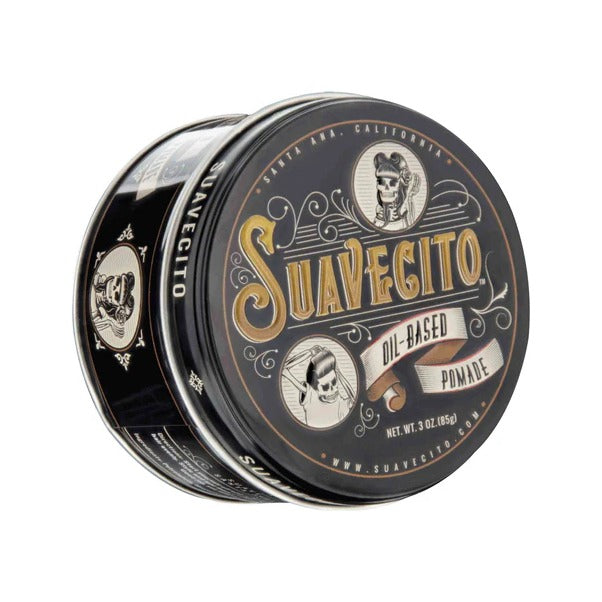 Suavecito Oil-Based Pomade 85 g - zwart blik, schuin vooraanzicht