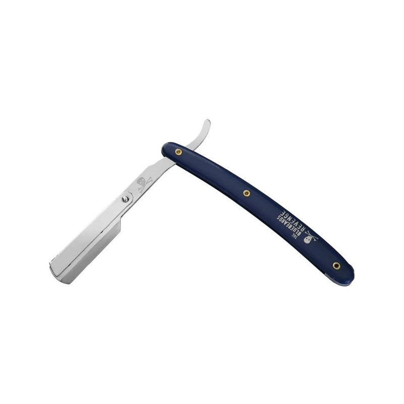 The Bluebeards Revenge Cut-Throat Razor - opengeklapte shavette met blauw heft, vooraanzicht
