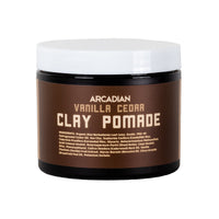 Arcadian Vanilla Cedar Clay Pomade, Tiegel mit Vanilla-Cedar-Etikett und Zutatenliste